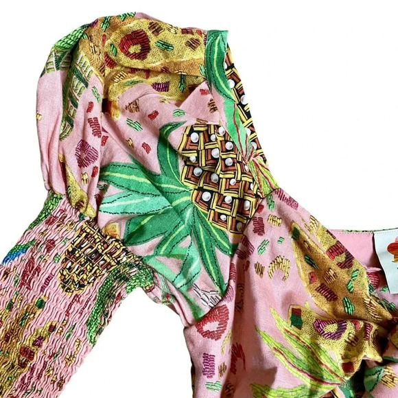 Farm Rio Pink Tropical Fruits Puff Sleeve Sweetheart Mini Dress XS - Picture 6 of 16